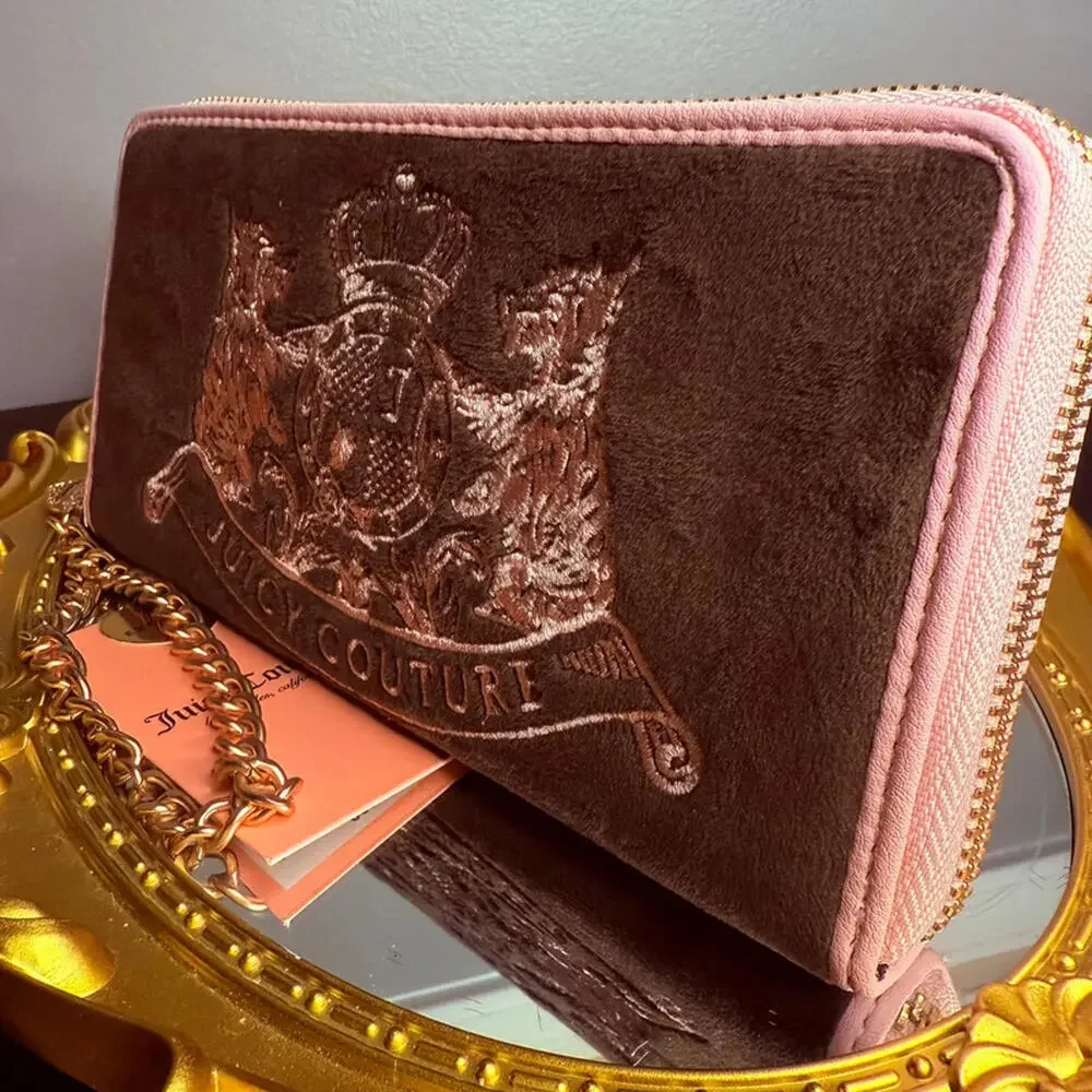 Juicy Couture Velour Zip Around Wallet Wristlet Brown Pink Chain NWT